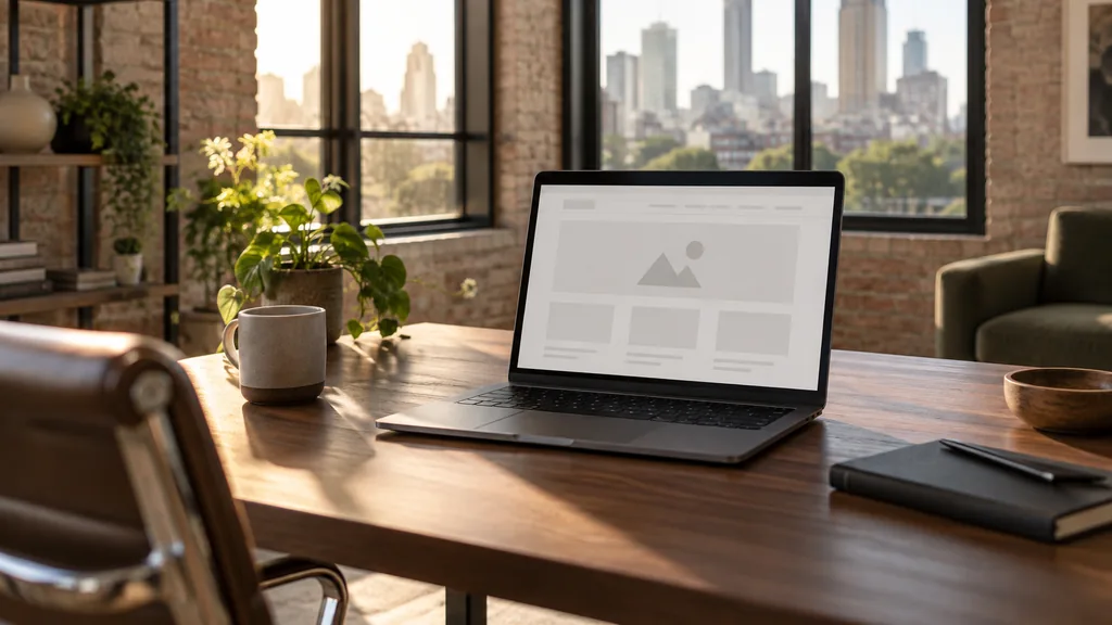 Editorial photograph of an Atlanta loft studio with warm morning light, a laptop showing abstract blank blocks on a matte walnut desk