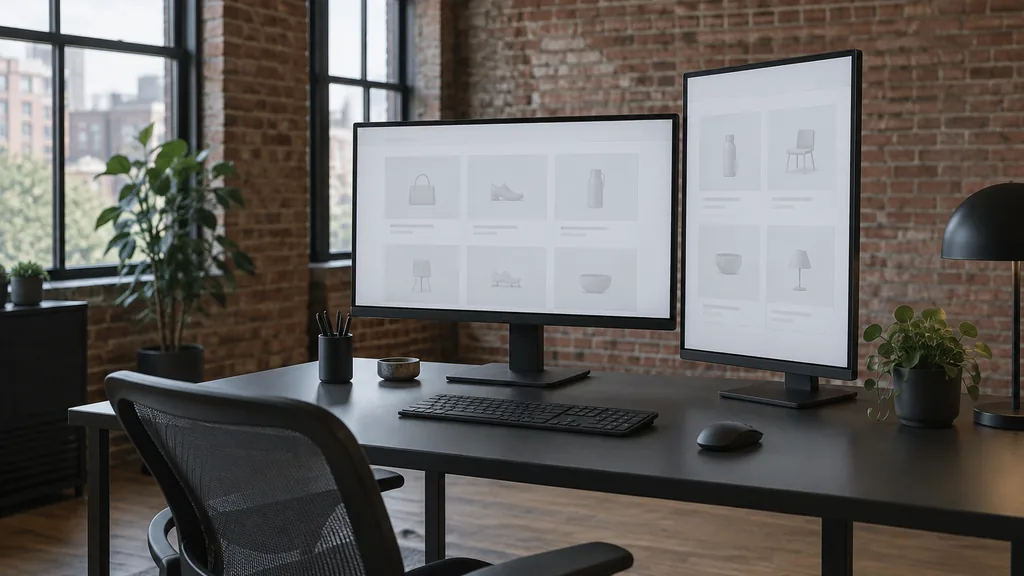 Editorial photograph of a Boston brick studio with cool north light, two monitors showing abstract grid shapes on a black steel desk