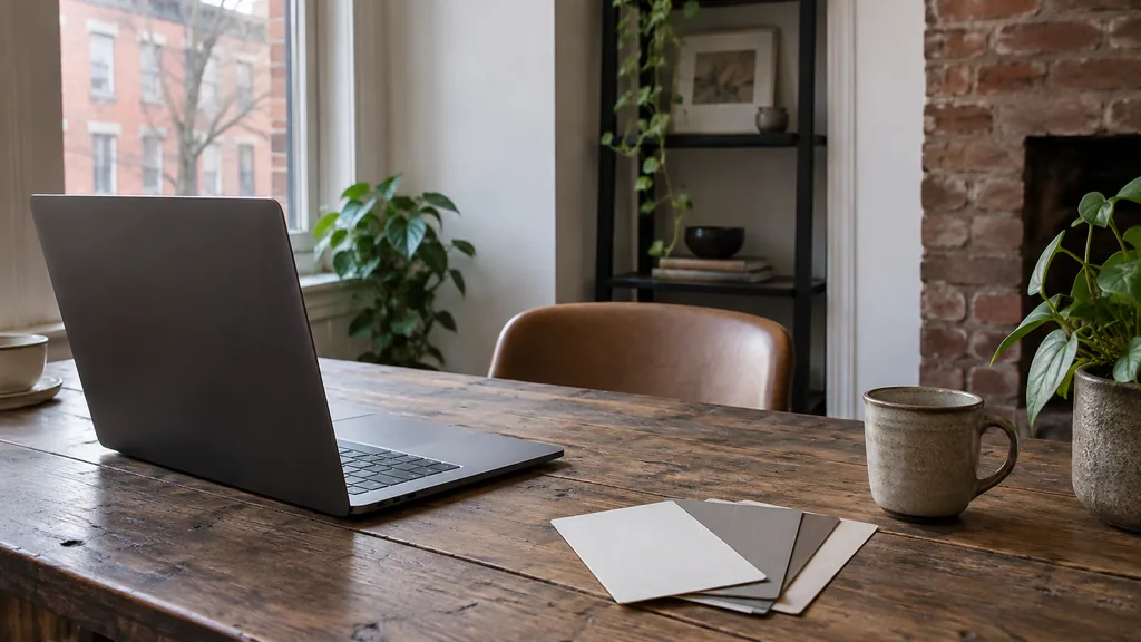 Editorial photograph of a Philadelphia rowhouse studio with soft window light, a laptop and blank swatch cards on a timber desk