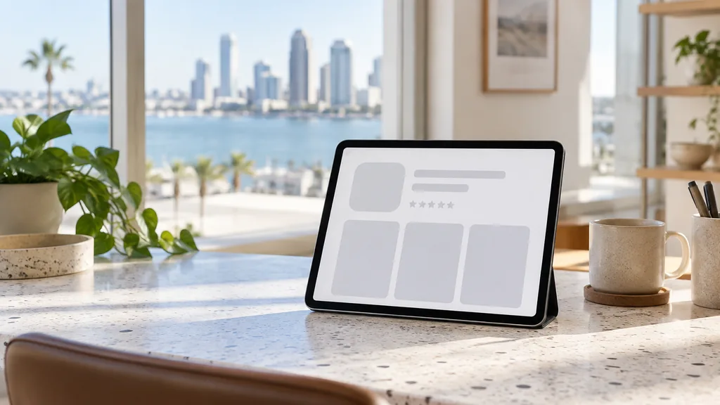 Editorial photograph of a San Diego studio with bright coastal light, a tablet showing abstract blank tiles on a white terrazzo desk