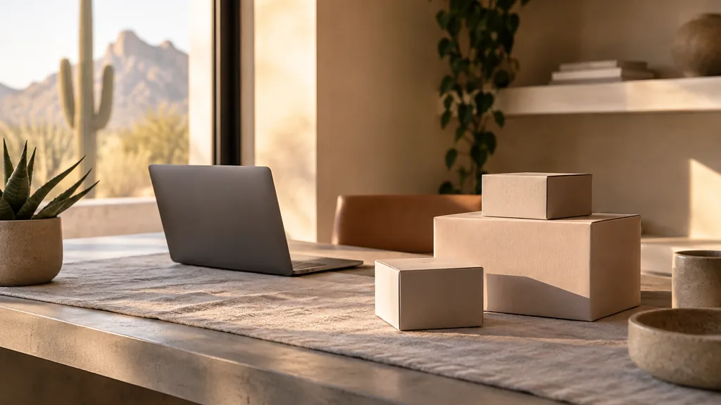 Editorial photograph of a Phoenix studio with warm desert light, blank boxes and a laptop on a linen-topped concrete desk