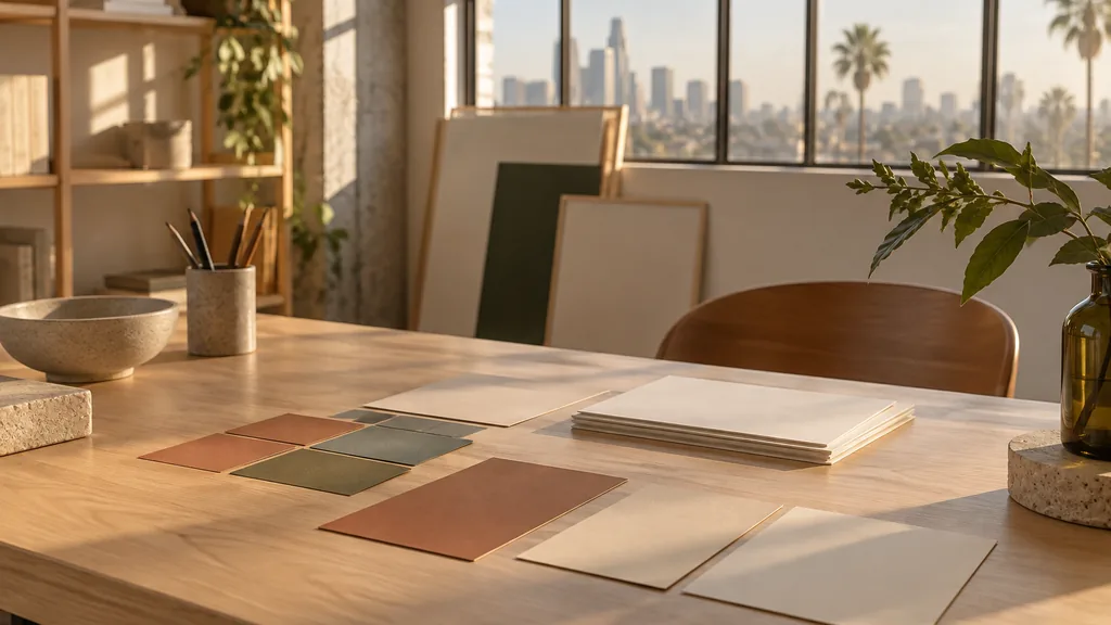 A Los Angeles branding studio desk with colour swatch cards and identity proofs in warm morning light