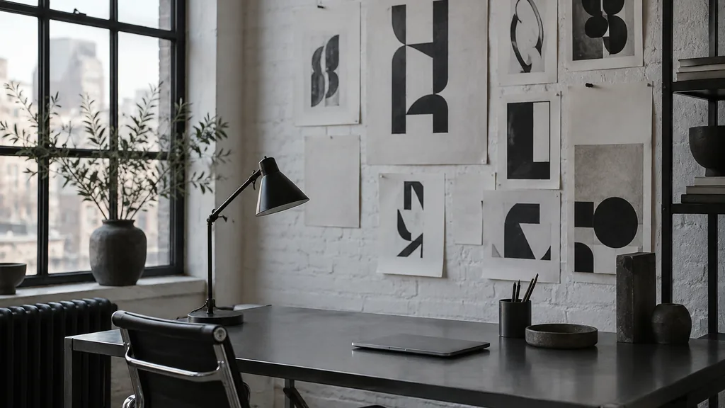 A New York branding studio desk with colour swatch cards and identity proofs in warm morning light