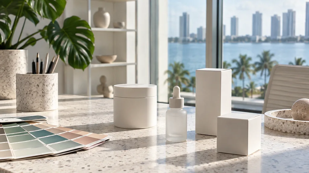 A Miami branding studio desk with colour swatch cards and identity proofs in warm morning light
