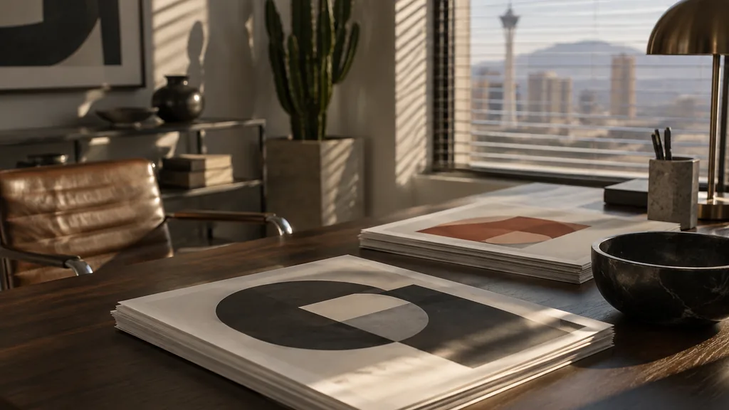 A Las Vegas branding studio desk with colour swatch cards and identity proofs in warm morning light