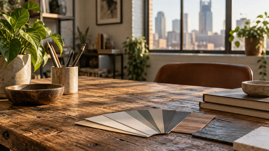 A Nashville branding studio desk with colour swatch cards and identity proofs in warm morning light