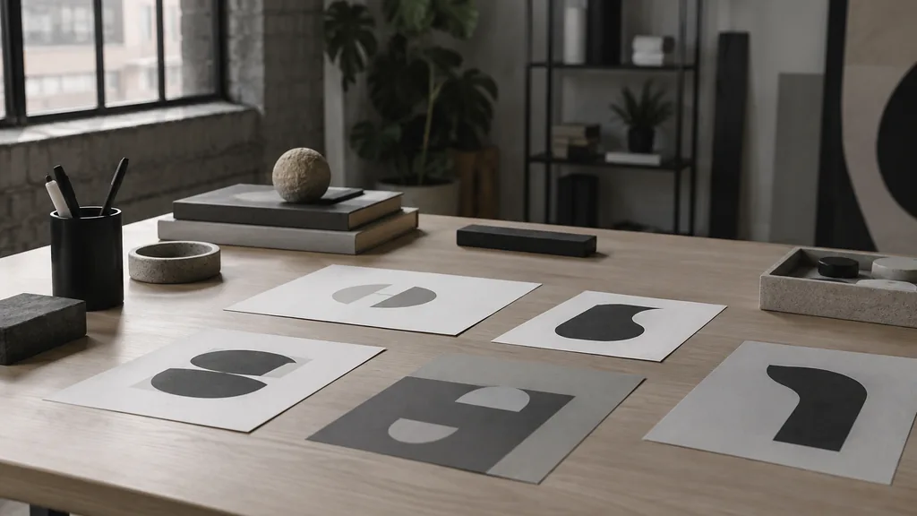 A Milwaukee branding studio desk with colour swatch cards and identity proofs in warm morning light