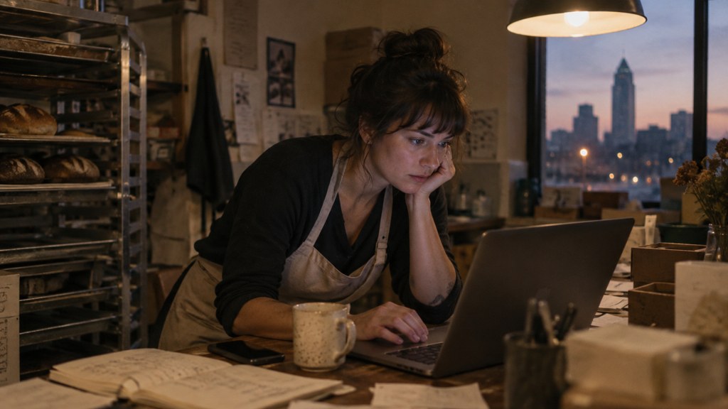 A small-business owner in an apron leaning over a laptop on a cluttered back-office desk late in the day, photographed in Omaha