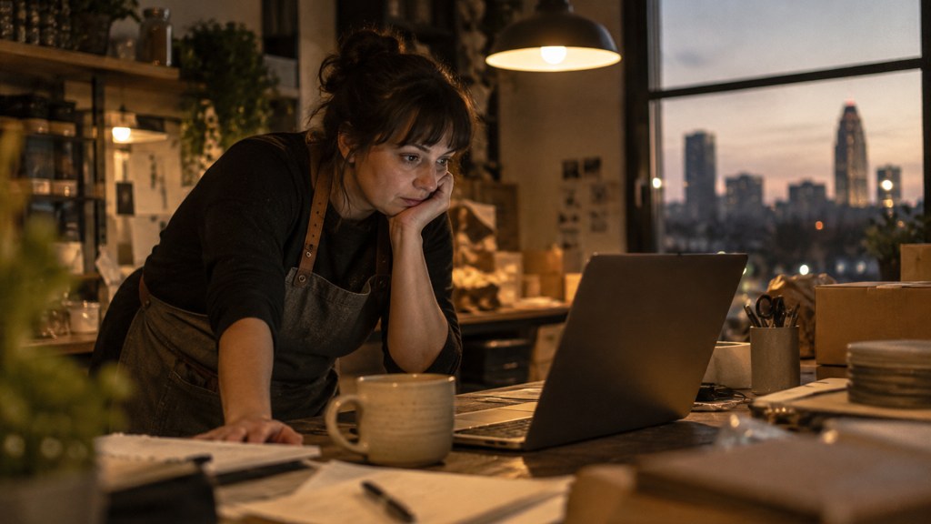 A small-business owner in an apron leaning over a laptop on a cluttered back-office desk late in the day, photographed in Omaha