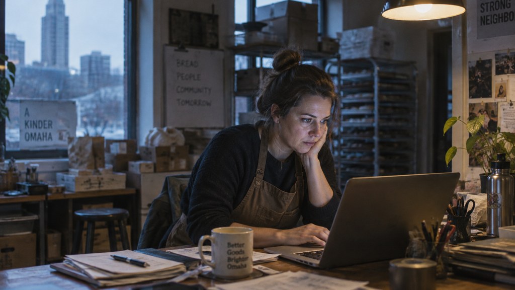 A small-business owner in an apron leaning over a laptop on a cluttered back-office desk late in the day, photographed in Omaha