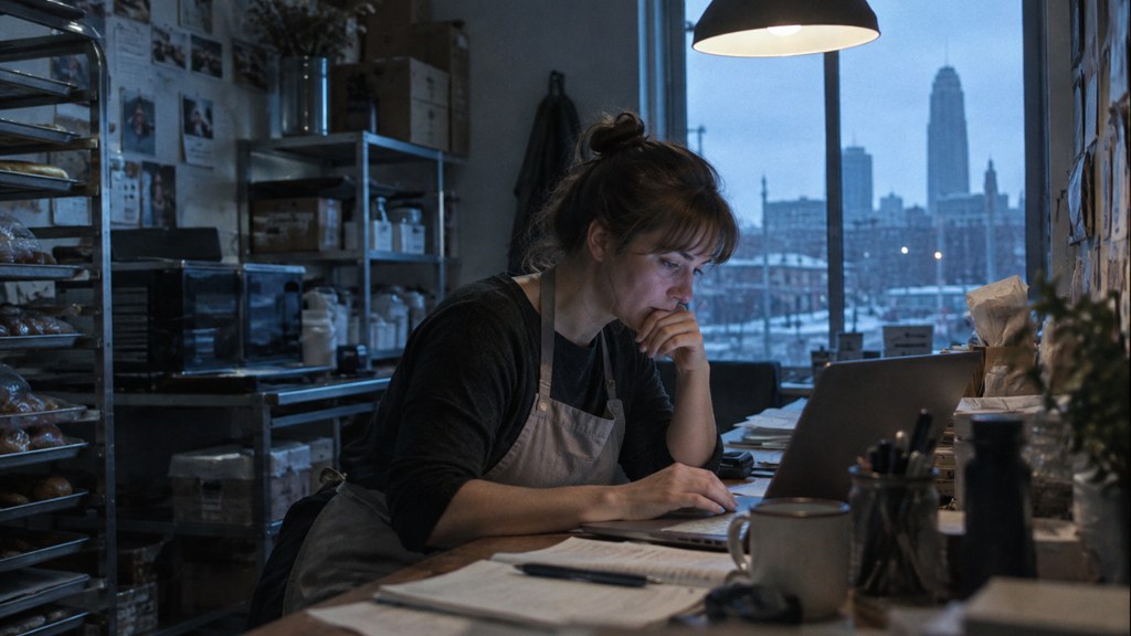 A small-business owner in an apron leaning over a laptop on a cluttered back-office desk late in the day, photographed in Omaha