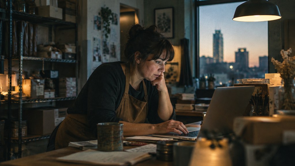 A small-business owner in an apron leaning over a laptop on a cluttered back-office desk late in the day, photographed in Omaha