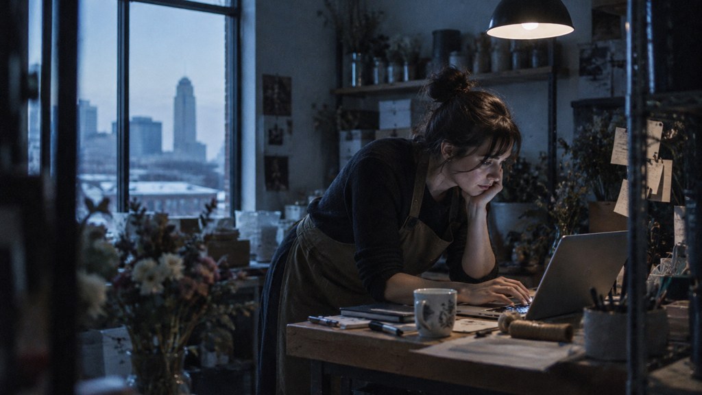 A small-business owner in an apron leaning over a laptop on a cluttered back-office desk late in the day, photographed in Omaha