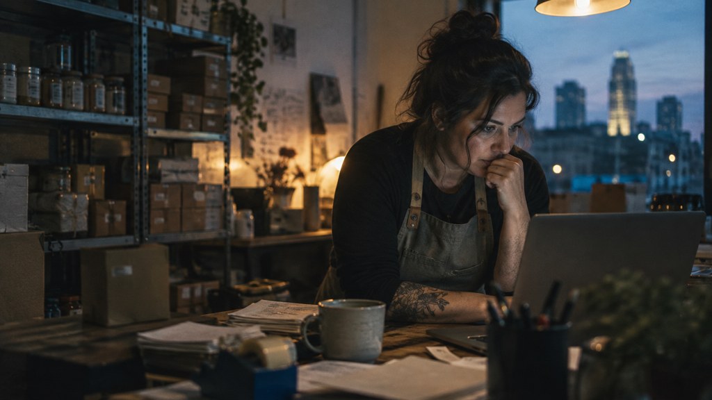 A small-business owner in an apron leaning over a laptop on a cluttered back-office desk late in the day, photographed in Omaha