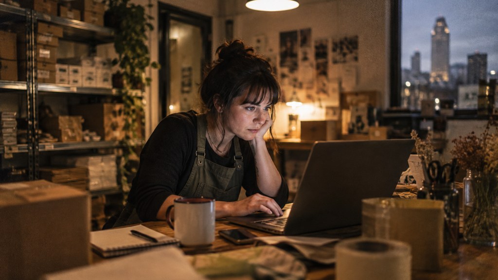 A small-business owner in an apron leaning over a laptop on a cluttered back-office desk late in the day, photographed in Omaha