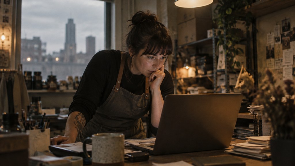 A small-business owner in an apron leaning over a laptop on a cluttered back-office desk late in the day, photographed in Omaha
