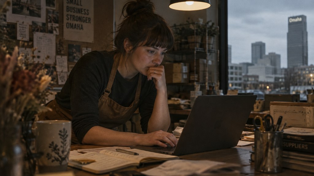A small-business owner in an apron leaning over a laptop on a cluttered back-office desk late in the day, photographed in Omaha