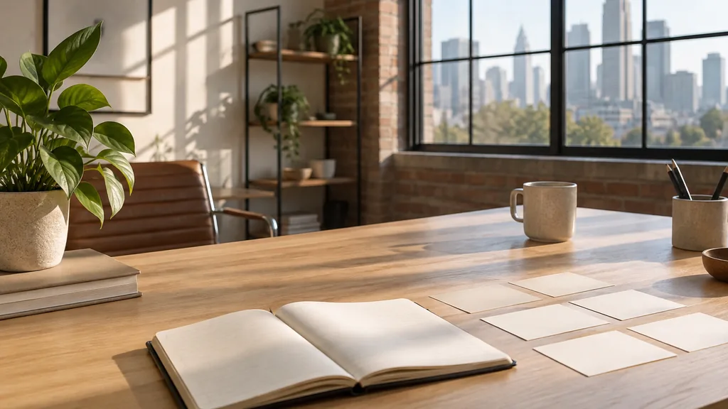 An Atlanta content studio desk with an open notebook and printed drafts in warm afternoon light