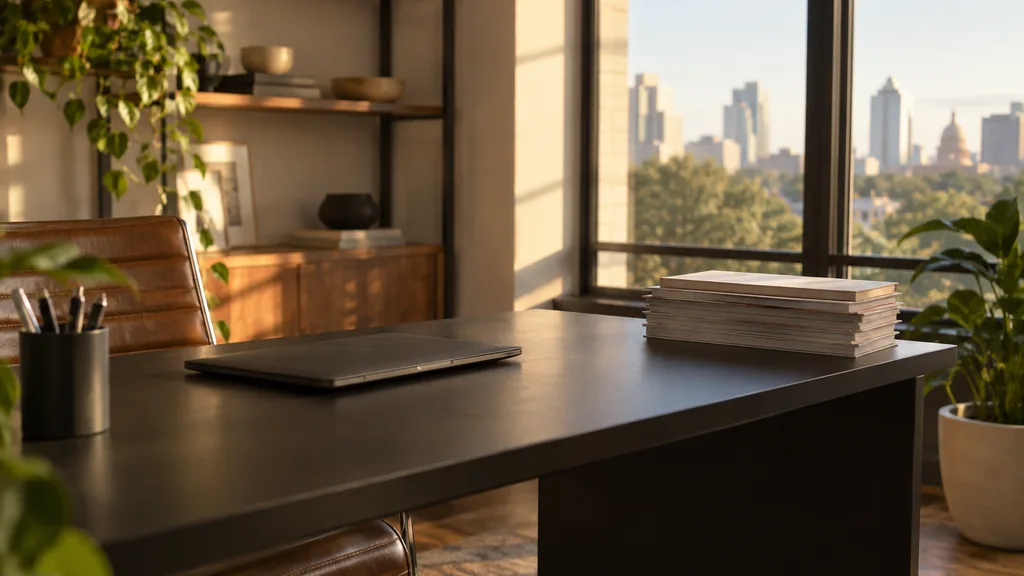 An Austin content studio desk with an editorial calendar and printed drafts in warm light