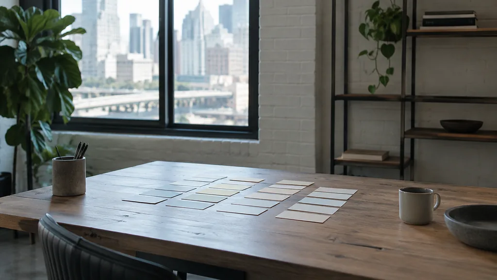 A Chicago content studio desk with printed article drafts and a keyboard in soft window light