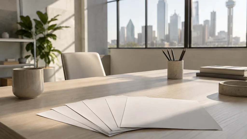 A Dallas content studio desk with printed drafts and a notebook in bright daylight