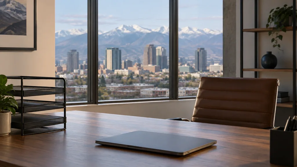 A Denver content studio desk with printed drafts and a notebook in clear mountain light