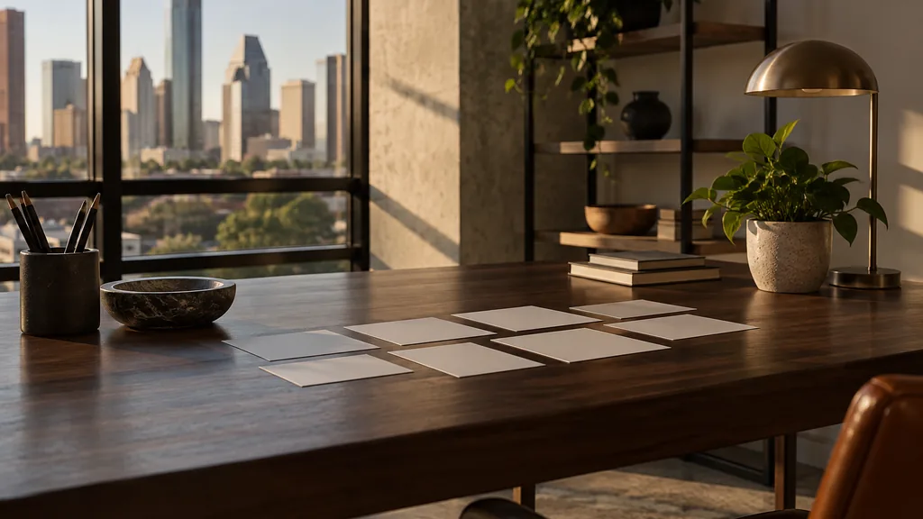 A Houston content studio desk with printed drafts and an open laptop in warm light