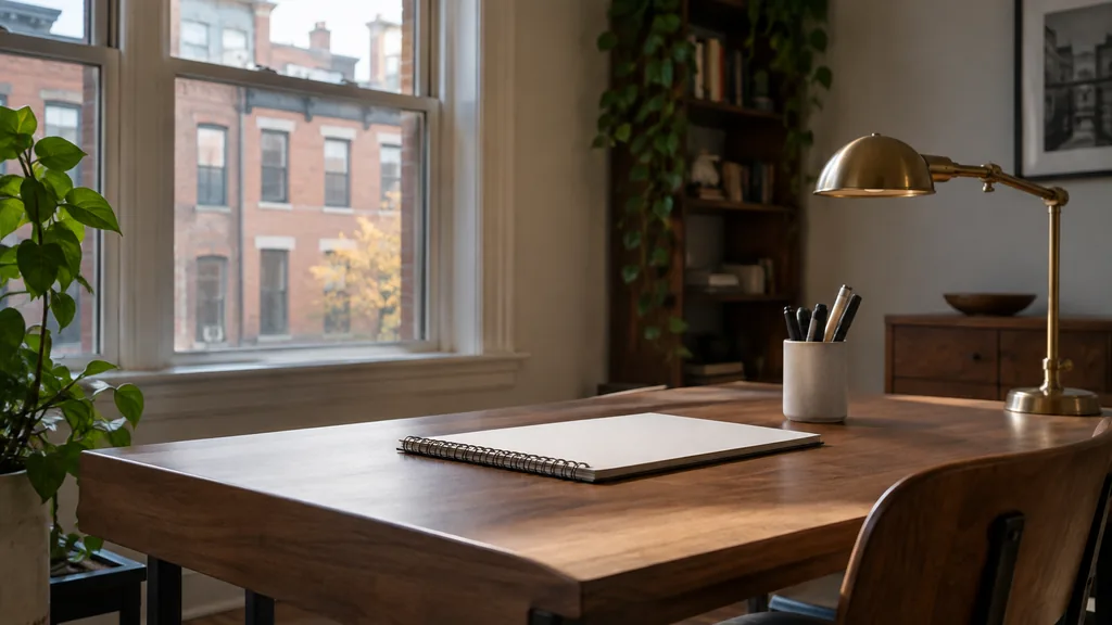 A Philadelphia rowhouse office desk with a sketch pad and printed drafts in soft morning light