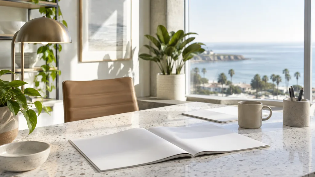 A San Diego studio desk with page layouts on white terrazzo in bright coastal light