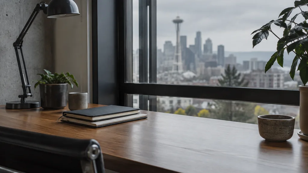 A Seattle studio desk with stacked notebooks beside a window in grey diffused light