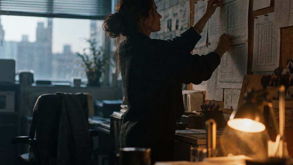 Operations lead pinning printed per-location production sheets to a corkboard in a dental group back office