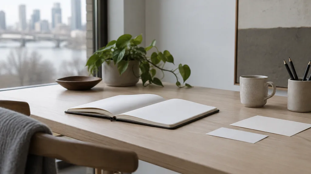 A Minneapolis content studio desk with an open notebook and printed drafts in cool winter light