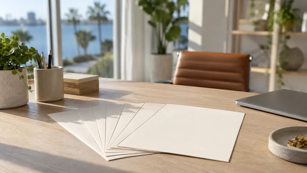 A Tampa content studio desk with article outlines and printed drafts in bright coastal light