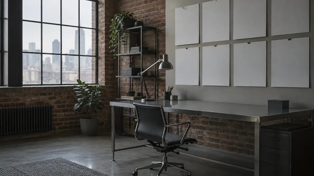 A Cleveland brick loft desk with printed article drafts in grey north light