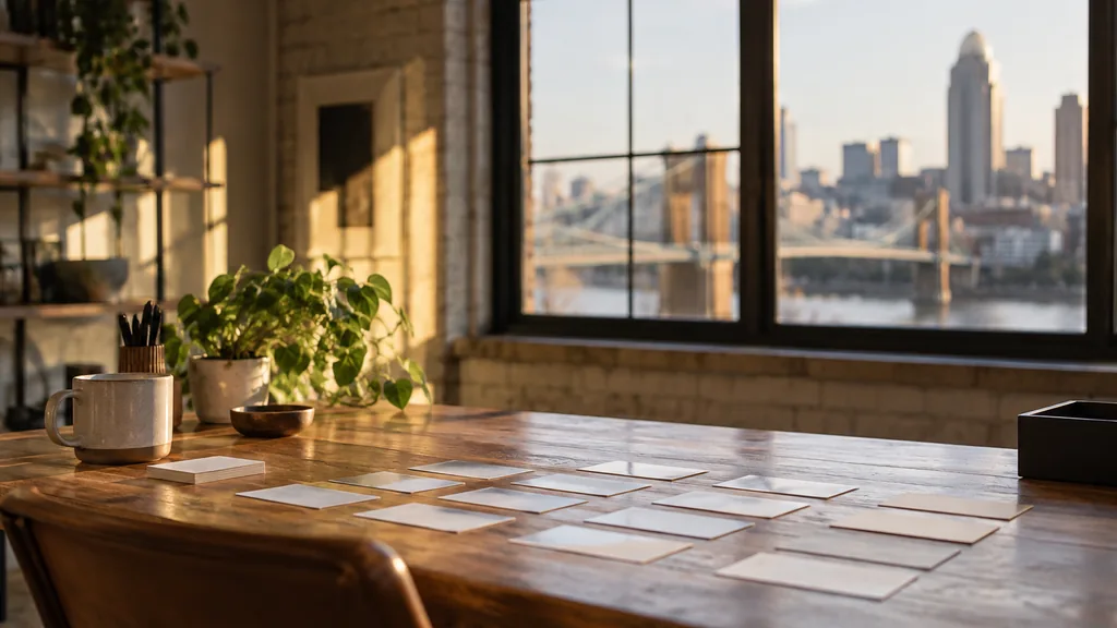 A Cincinnati content studio desk with index cards and printed drafts in warm morning light