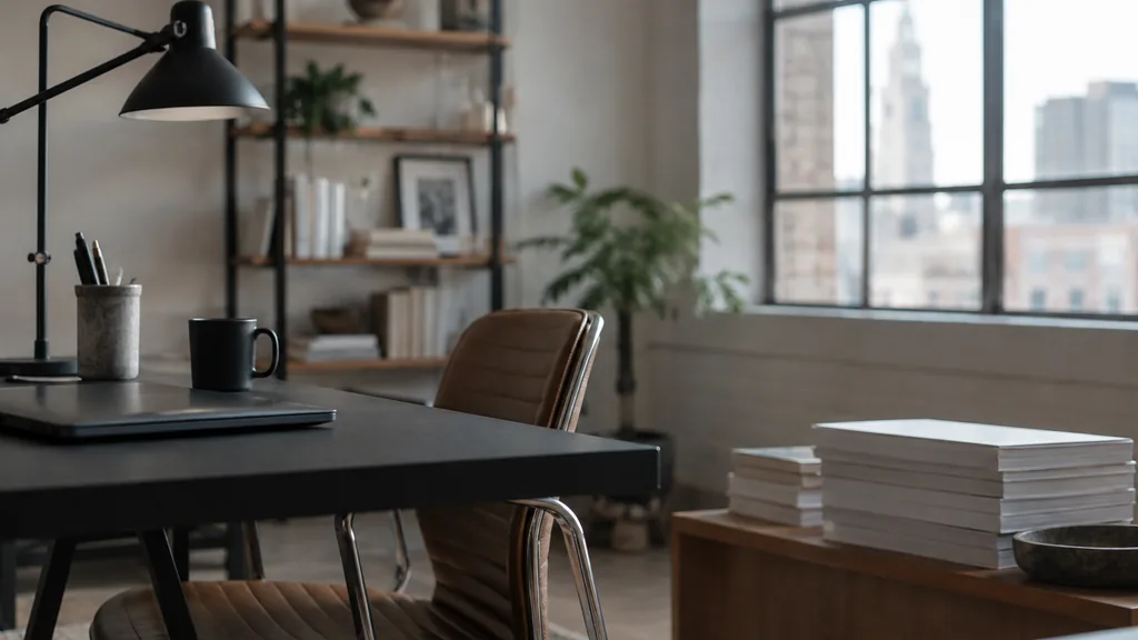 A Columbus content studio desk with stacked content briefs in soft daylight
