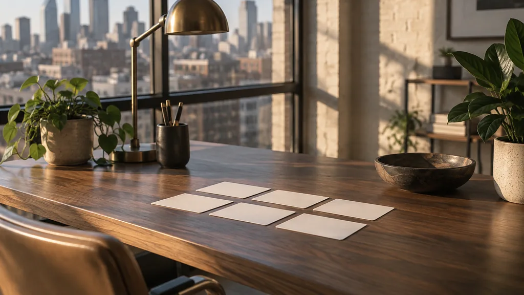 A Kansas City content studio desk with planning cards on dark walnut in warm side light
