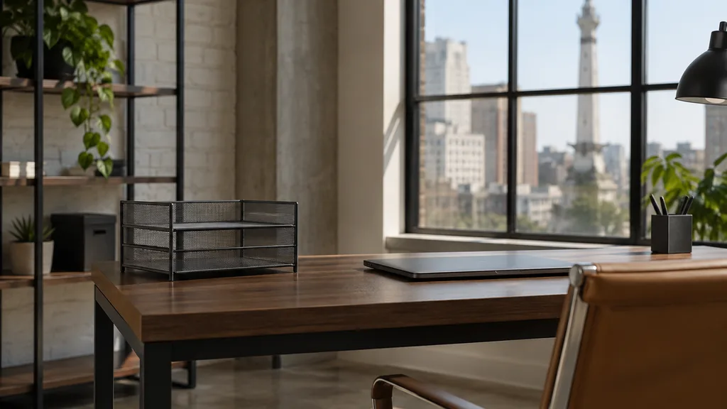 An Indianapolis content studio desk with a closed laptop and paper trays in clear daylight