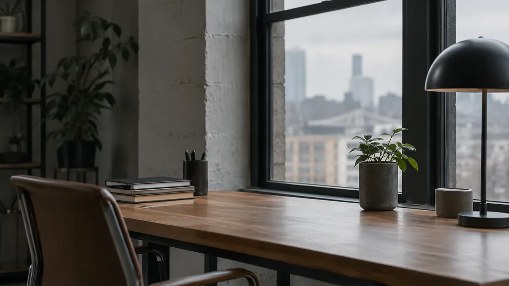 A Portland studio desk with stacked notebooks beside a window in grey diffused light