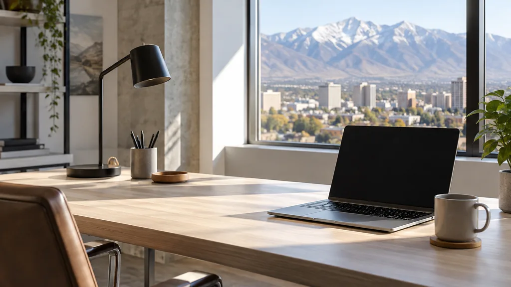 A Salt Lake City studio desk with page layouts on pale stone in clear mountain light