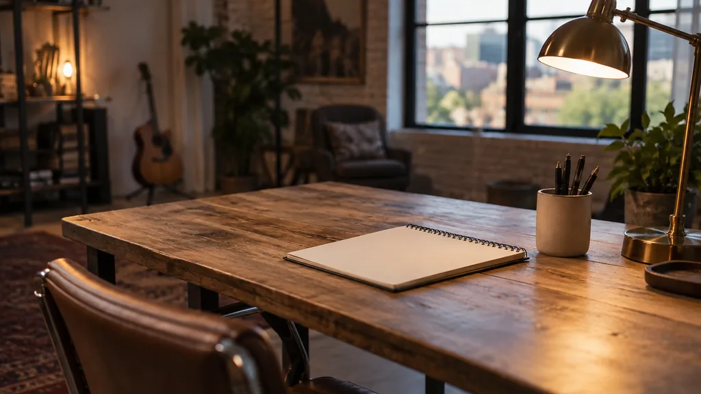 A Nashville studio desk with a sketch pad and printed drafts in warm afternoon light