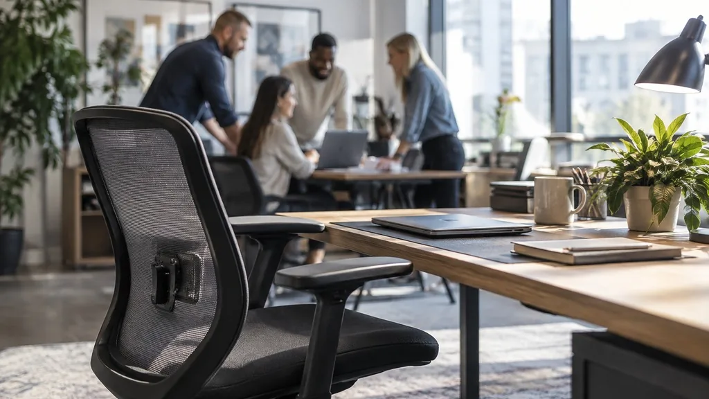 Empty ergonomic office chair at a clean desk with a marketing team collaborating in the blurred background