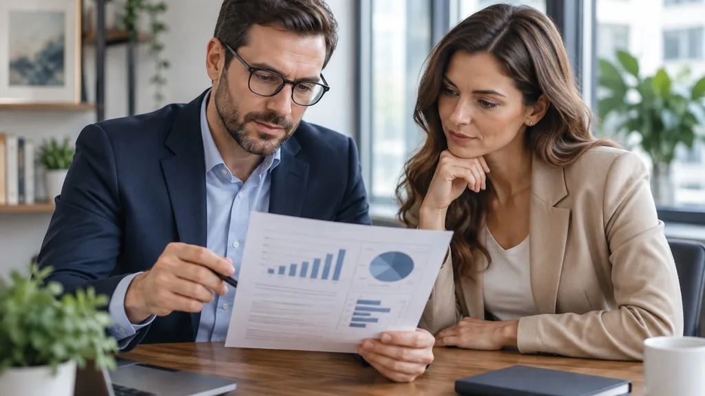 Finance lead and marketing lead reviewing a single printed one-page performance report together at a desk
