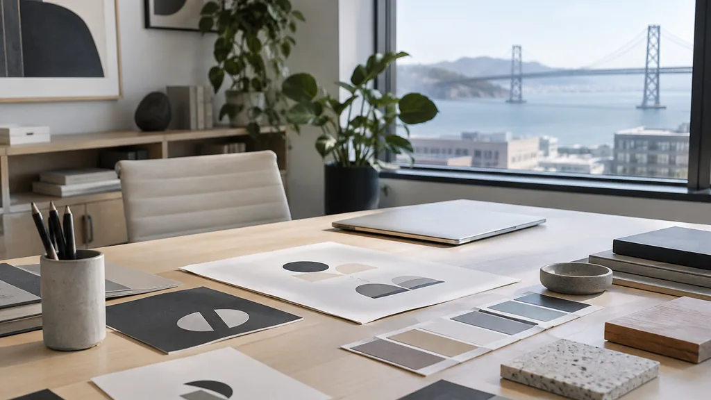 A San Francisco branding studio desk with logo studies and colour chips in cool bay light