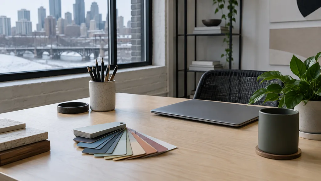 A Minneapolis branding studio desk with colour chips on pale birch in cool winter light