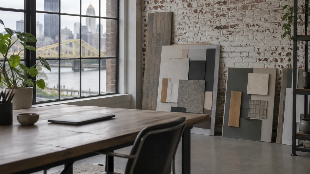 A Pittsburgh studio desk with identity boards against a brick wall in cool north light