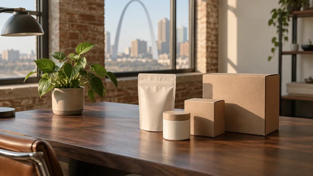 A St Louis studio desk with packaging mock-ups on walnut in warm afternoon light