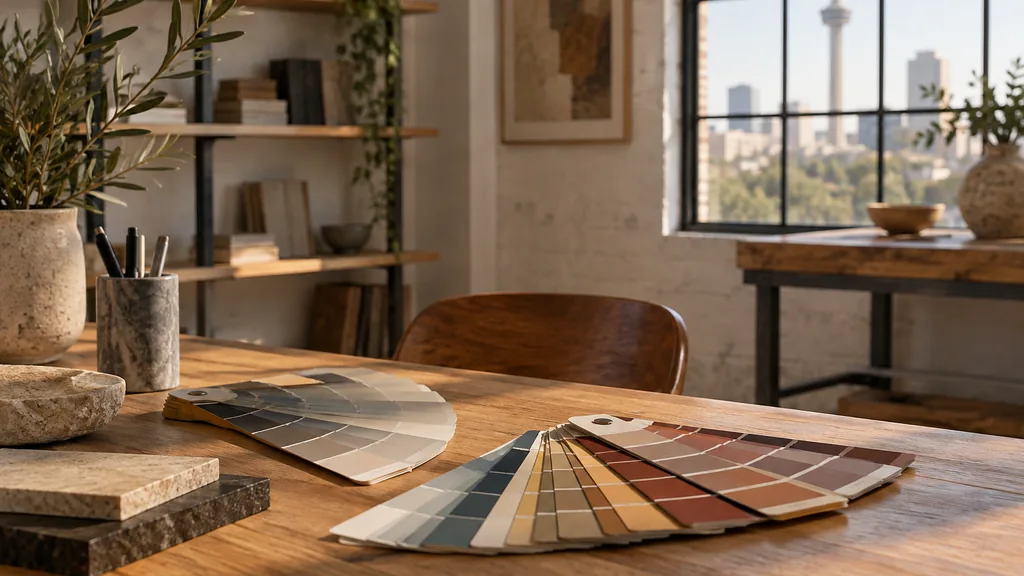 A San Antonio studio desk with colour swatch fans on timber in warm side light