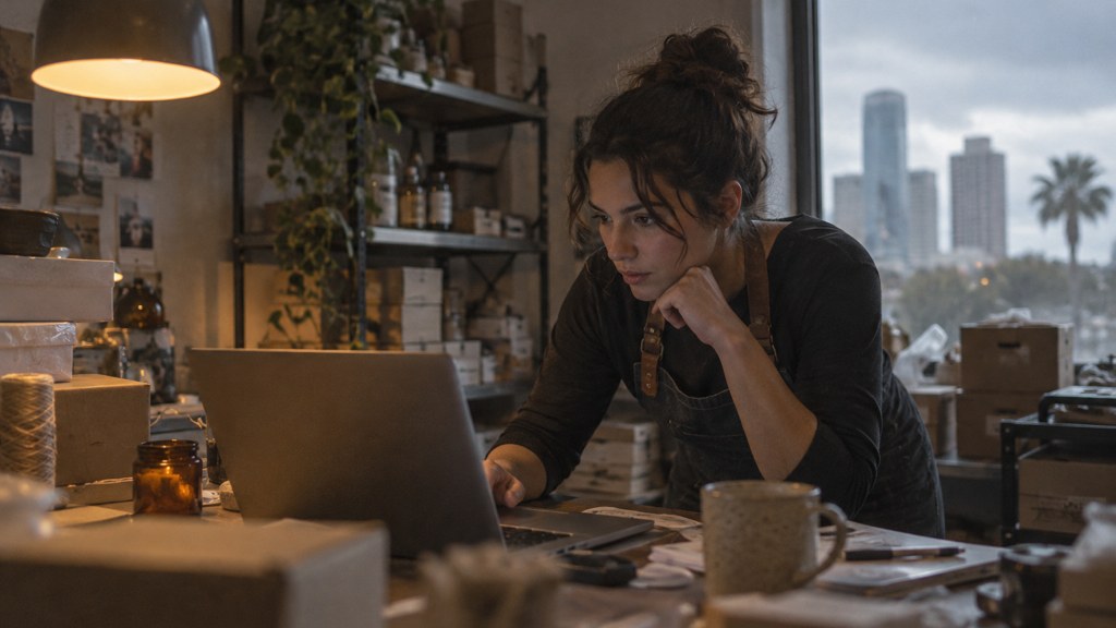 A small-business owner in an apron leaning over a laptop on a cluttered back-office desk late in the day, photographed in Orlando
