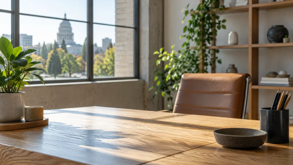 A Sacramento studio desk with printed brand marks on oak in bright valley light